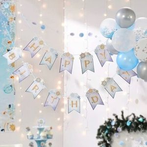 Gold Blue White Snowflake Happy Birthday Flag Banner for Winter Wonderland 12 ft